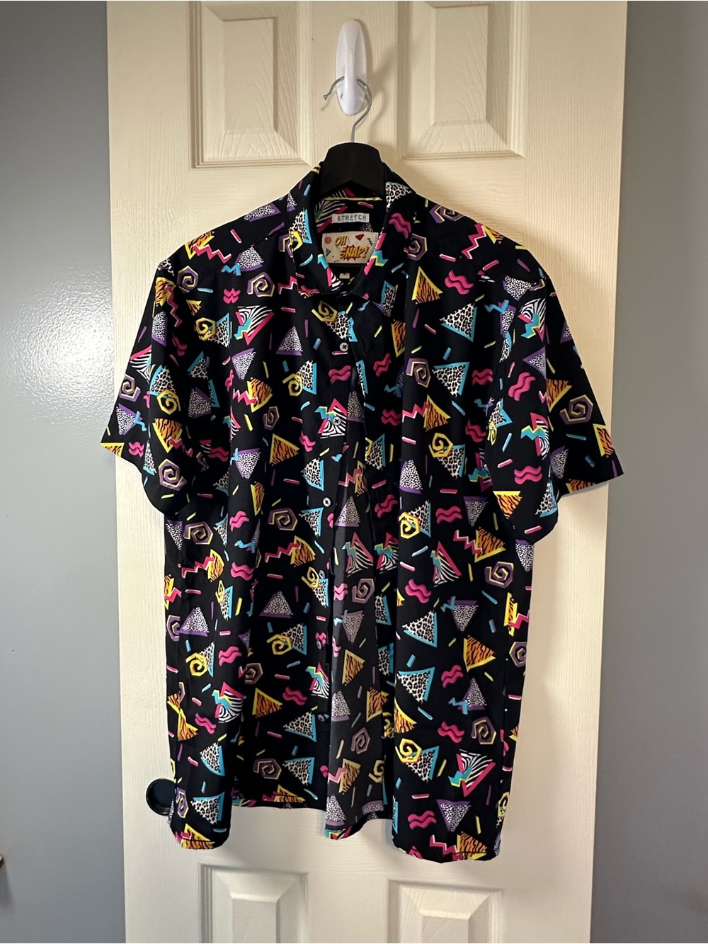 80’s Retro Geometric Print Short Sleeve Shirt - Black